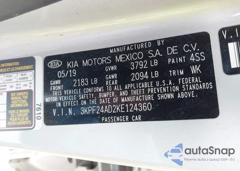 2019 Kia Forte Lxs from USA, damaged, VIN 3KPF24AD2KE124360
